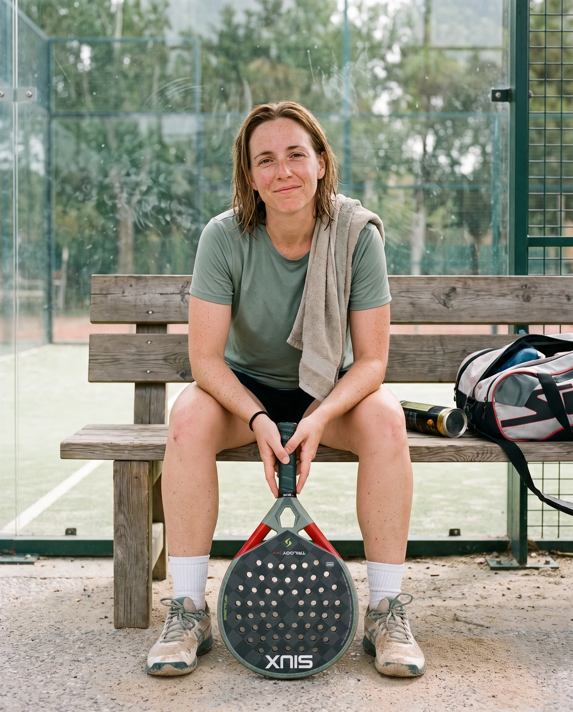 Player resting on a courtside bench with the Siux Trilogy Pro Ash Green