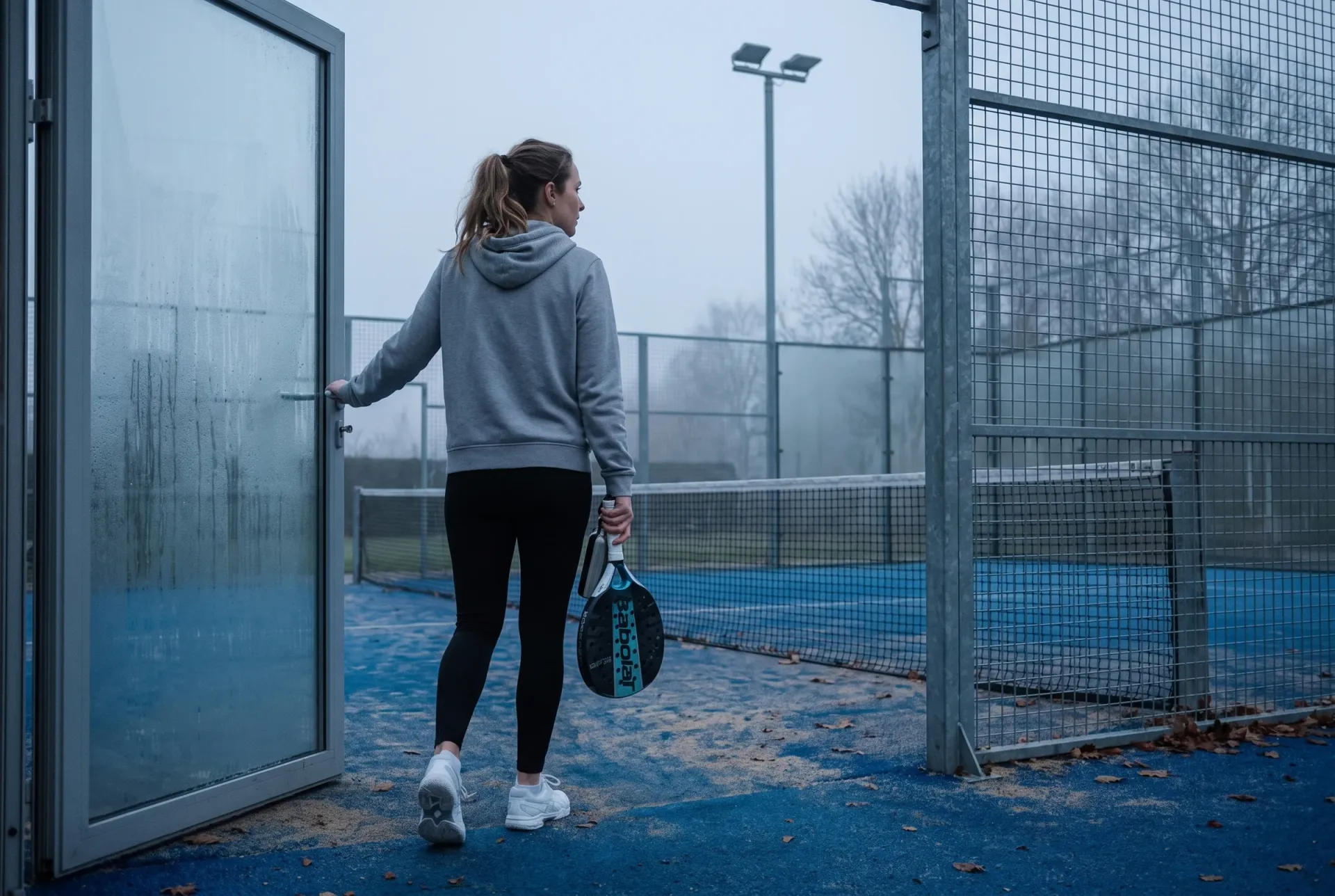 Player stepping onto an empty court on a misty morning carrying the Babolat Stima Energy